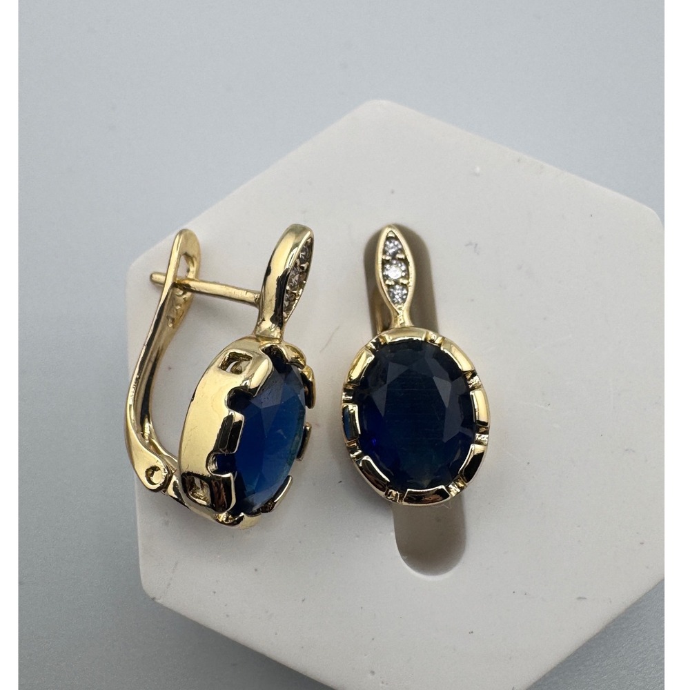 Gold Plated Blue Oval Stone Lever Back Drop Earrings with Clear Accents